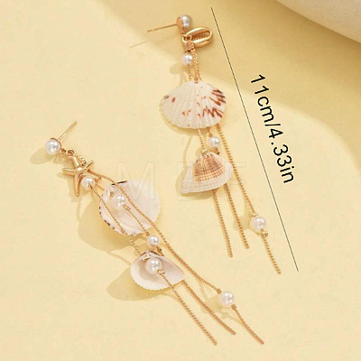 Shell Shape & Starfish 304 Stainless Steel Tassel Stud Dangle Earrings FS-WGDFBF8-01-1