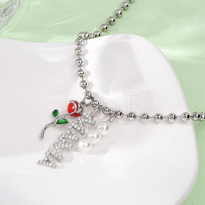 Mother's Day Brass Micro Pave Clear Cubic Zirconia Enamel Red Rose Flower Mama Pendant Necklaces for Women NJEW-A071-02P-1