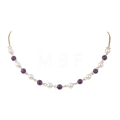 Shell Pearl and Natural Amethyst Round Beads Link Chain Necklaces for Women NJEW-JN05635-1