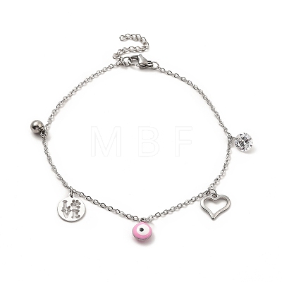 Enamel Evil Eye & Cubic Zirconia & 304 Stainless Steel Charm Anklet with Cable Chains AJEW-C021-09P-1