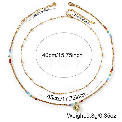 Rainbow Glass & Natural Stone & Brass Beaded Stainless Steel Chain Double Layer Necklaces with Heart Pendant for Beach Vacation Accessories TH6527-1-1
