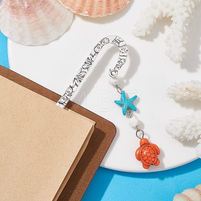 Synthetic Turquoise Tortoise Starfish Pendant Bookmarks with Natural Lava Rock AJEW-JK00285-1