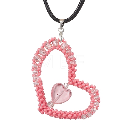 Valentine's Day Glass Seed Beads Beaded Heart Pendant Necklaces NJEW-MZ00079-01-1