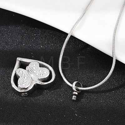 304 Stainless Steel Micro Pave Clear Cubic Zirconia Butterfly Heart Pendant Pet Urn Ashes Necklaces NJEW-S455-10P-1