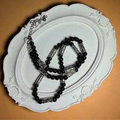 Vintage Frosted 6MM Natural Black Onyx(Dyed & Heated) Round Beaded Necklaces with Alloy Tube for Men KE3601-1