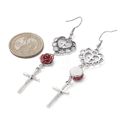 Alloy Heart & Cross & Resin Rose Dangle Earrings EJEW-JE05314-1