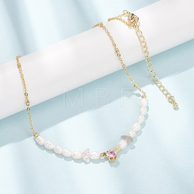 Natural Strawberry Quartz Chip and Rice Natural Pearl Beaded Necklaces GG-CBA3297-15G-H-1