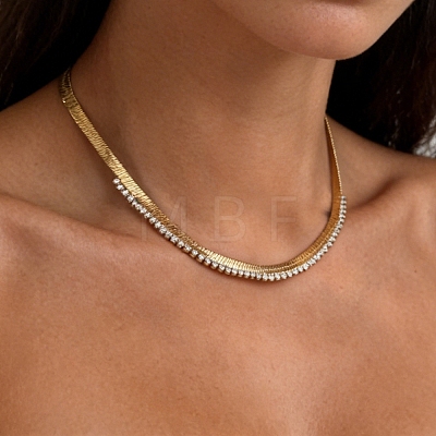 304 Stainless Steel Pave Square Clear Cubic Zirconia Flat Snake Chain Necklaces for Women WG60D5C-01-1