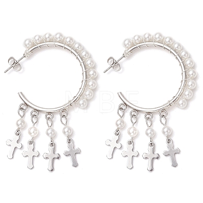 Cross Shell Pearl Dangle Stud Earrings EJEW-JE06185-02-1