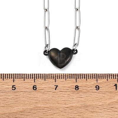 304 Stainless Steel Double-Sided Magnetic Heart Pendant Paperclip Chain Necklaces NJEW-U028-02B-1