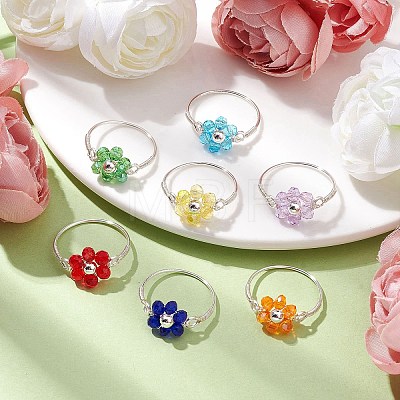7Pcs 7 Styles Flower Glass Beads Finger Rings RJEW-JR00710-01-1