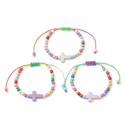 Cross & Round Acrylic Braided Bead Bracelets BJEW-JB10239-01-1