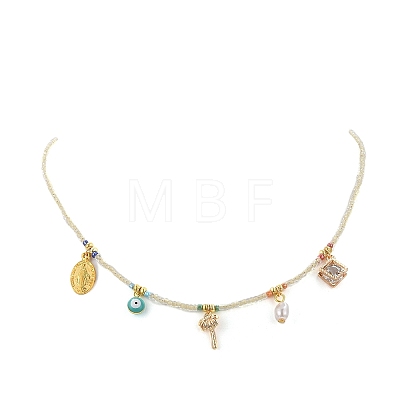 Virgin Mary & Tree & Evil Eye Alloy & Brass Pendant Necklace with Glass Seed Beaded Chains for Women NJEW-JN04289-1
