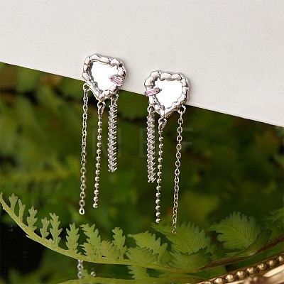 Crystal Rhinestone Heart with Tassel Dangle Stud Earrings JE1029A-1