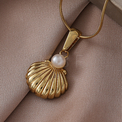 316 Surgical Stainless Steel with Imitation Pearl Shell Shape Pendant Necklaces for Women MG3658-1