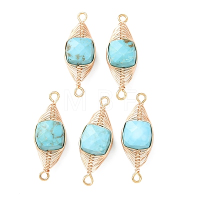 Natural Turquoise Faceted Cube Links Connector Charms with Copper Herringbone Wire-Wrapped KK-Z152-06G-01B-1