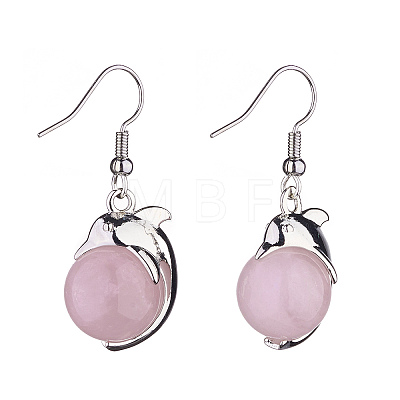 Natural Rose Quartz Dolphin Dangle Earrings with Crystal Rhinestone EJEW-A092-20P-07-1