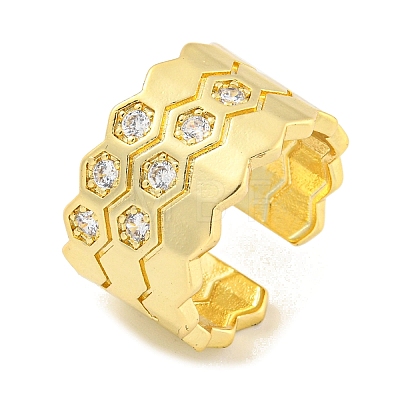 Brass Micro Pave Clear Cubic Zirconia Hexagon Open Cuff Ring RJEW-M173-10A-G-1