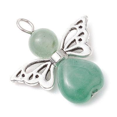 Natural Green Aventurine/Lapis Lazuli/Rose Quartz/Tiger Eye/Blue Spot Jasper/Synthetic Turquoise Heart Angel Pendants PALLOY-JF03186-01-1