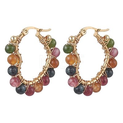 2 Pairs 2 Styles Natural Green Jade Imitation Tourmaline Beaded Hoop Earrings EJEW-JE06943-1