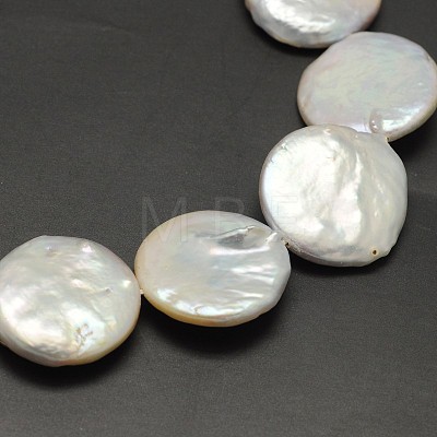 Flat Round Nucleated Natural Cultured Freshwater Pearl Beads Strands PEAR-F001-03-1