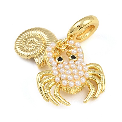 Brass Pave ABS Imitation Pearl Crab Shell Shape European Dangle Charms KK-I352-11G-1