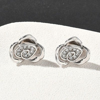 Rose Flower Brass Micro Pave Cubic Zirconia Stud Earrings EJEW-G452-08P-02-1