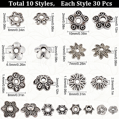 SUNNYCLUE 300Pcs 10 Style Tibetan Style Alloy Flower Bead Caps FIND-SC0008-75-1