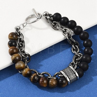 Natural Round Tiger Eye & Frosted Black Bead Bracelets BJEW-M081-01B-1