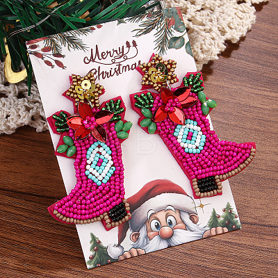 Christmas Plastic Seed Beads & Cloth Dangle Stud Earrings FS-WG8935B-03-1