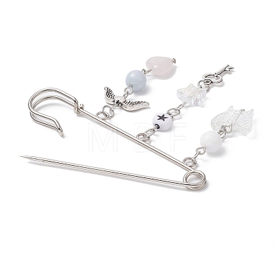 Natural Mixed Gemstone & Acrylic Butterfly & Wing Charms Safety Pin Brooch JEWB-BR00099-1
