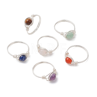 Round Natural Amethyst/Green Aventurine/Carnelian/Rose Quartz/Tiger Eye/Lapis Lazuli Braided Finger Ring RJEW-JR00743-01-1