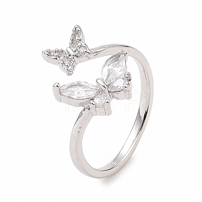 Clear Cubic Zirconia Butterfly Open Cuff Ring RJEW-B028-26P-1