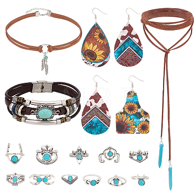  Imitation Leather Oval & Teardrop Finger Rings & Multi-strand Bracelet & Dangle Earrings & Lariat Necklace with Synthetic Turquoise SJEW-PH0001-12-1