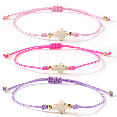 3Pcs Dyed Synthetic White Turquoise & Brass Beaded Braided Bead Bracelets QB7029-13-1