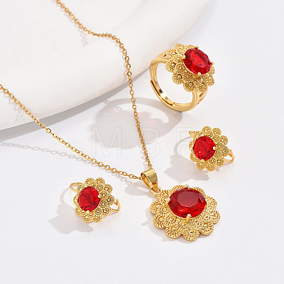 Red Cubic Zirconia Flower Jewelry Set JZ0099-1-1