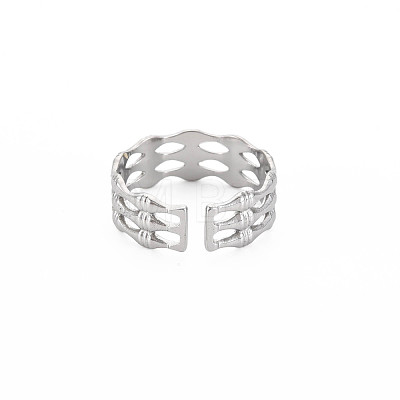 304 Stainless Steel Bamboo Shape Open Cuff Ring for Women RJEW-S405-201P-1