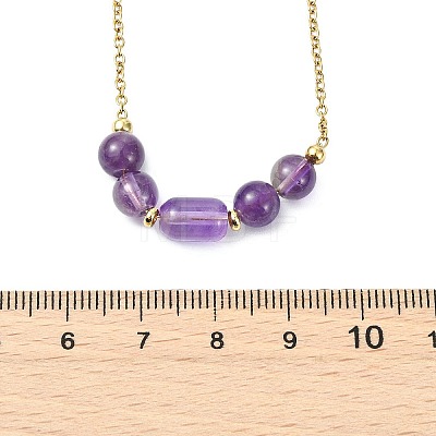 Natural Mixed Gemstone Column Round Beaded Pendant 304 Stainless Steel Cable Chains Necklaces for Women NJEW-JN06094-1