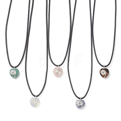 Opalite & Natural Green Aventurine & Tiger Eye & Blue Spot Jasper & Rose Quartz Copper Wire Wrapped Faceted Heart Pendant Black PU Leather Cord Necklaces NJEW-JN05837-1