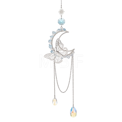 Natural Aquamarine Chips & Brass Moon & 304 Stainless Steel Butterfly Suncatcher HJEW-TA00449-02-1