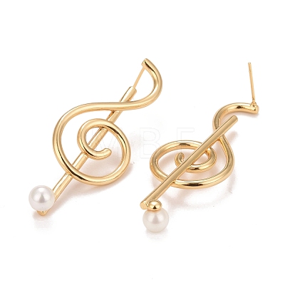Rack Plating Brass Musical Note Dangle Stud Earrings with Acrylic Pearl for Women EJEW-C022-21G-1
