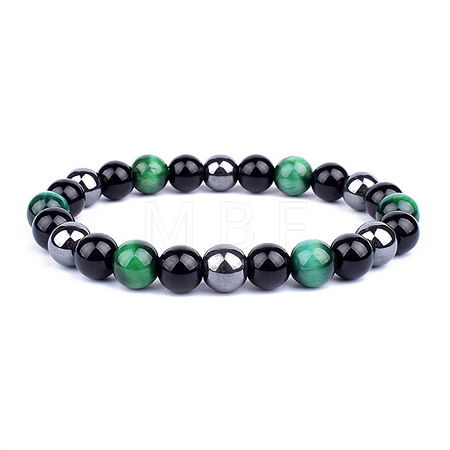 Dyed Natural Tiger Eye & Obsidian Round Beaded Stretch Bracelet PW-WG77768-06-1
