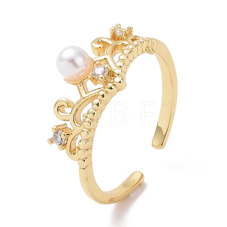 Clear Cubic Zirconia Crown Open Cuff Ring with Acrylic Pearl Beaded RJEW-P032-14G-1