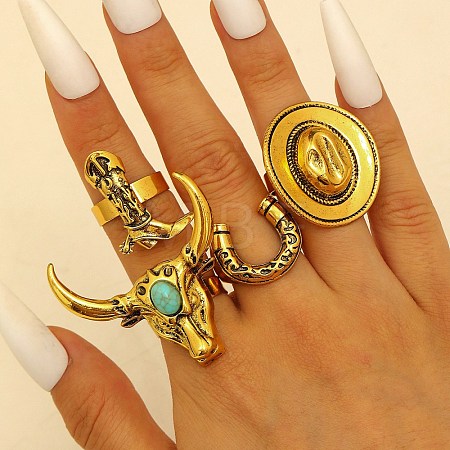 4Pcs Synthetic Turquoise Cuff Open Rings RJEW-P179-03AG-1