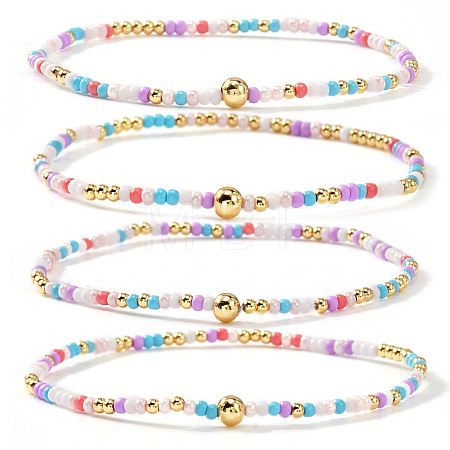 4Pcs Bohemian Glass Seed Bead & Brass Beads Stretch Bracelets for Women DR1565-2-1