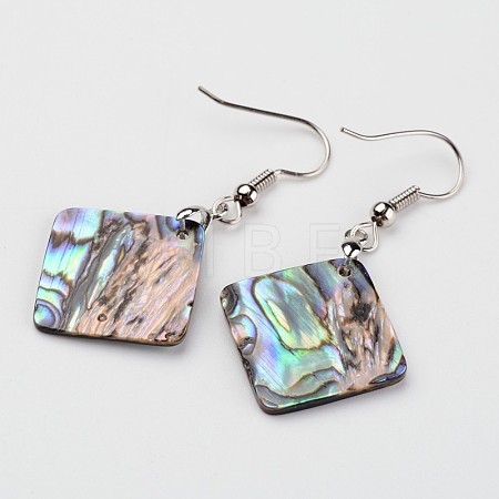 Rhombus Platinum Tone Brass Natural Paua Shell Dangle Earrings EJEW-M060-05-01-1