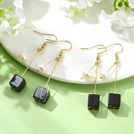 Natural Banded Agate(Dyed & Heated) & 304 Stainless Steel and Natural Cultured Freshwater Pearl Dangle Earrings EJEW-JE07108-1