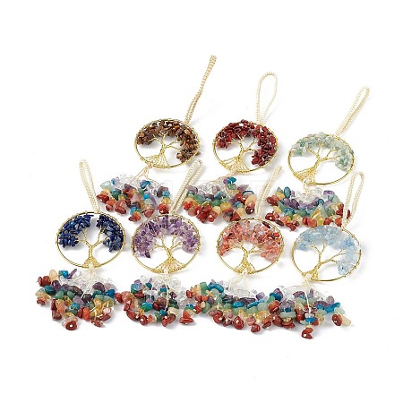 Natural Mixed Gemstone Chips Tree of Life with Chips Tassel Big Pendant Decorations HJEW-H057-03G-A-1