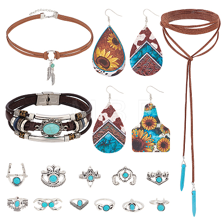 Imitation Leather Oval & Teardrop Finger Rings & Multi-strand Bracelet & Dangle Earrings & Lariat Necklace with Synthetic Turquoise SJEW-PH0001-12-1