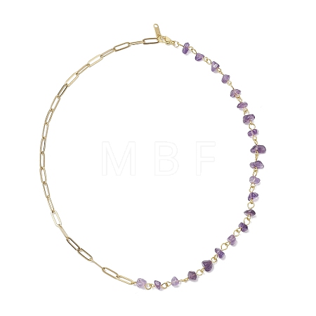 Handmade Natural Amethyst Chip Beads & 304 Stainless Steel Paperclip Chain Necklaces NJEW-JN05499-01-1